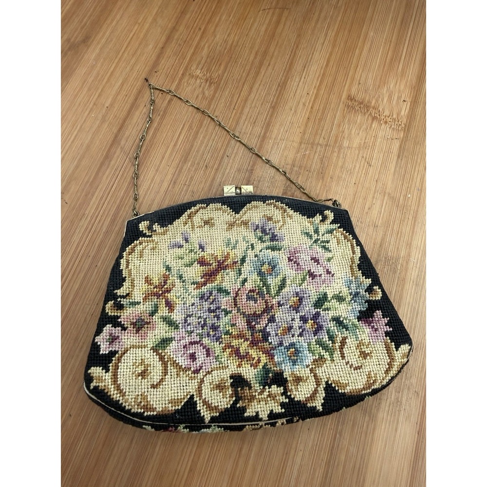 Victorian Style Floral Embroidered Tapestry Evening Bag with Brass Chain & Clasp